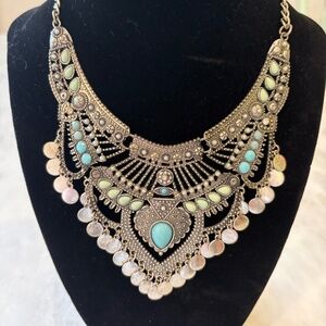 Mixed Metal Necklace with Faux Turquoise and Pearl Accents - Middle Eastern Vibe